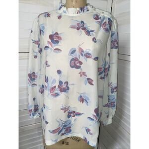 Vintage 70s Polyester Career Blouse Top Floral Long Sleeves Sz 42 X-Large
